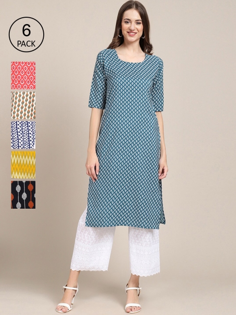 

KALINI Women Pack of 6 Printed Straight Crepe Kurta, Multi