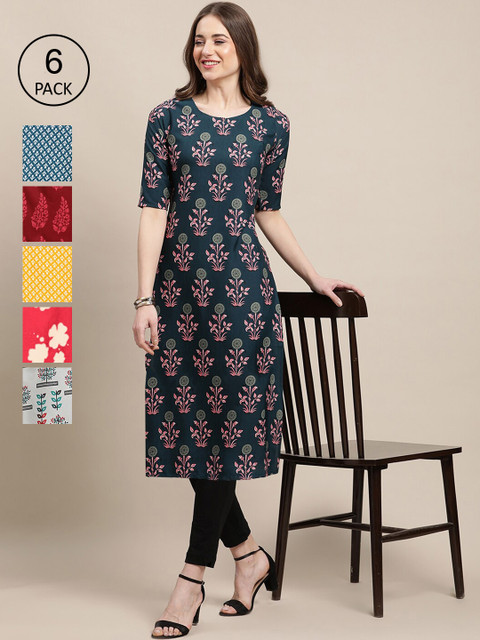 

KALINI Women Pack of 6 Printed Straight Crepe Kurta, Multi