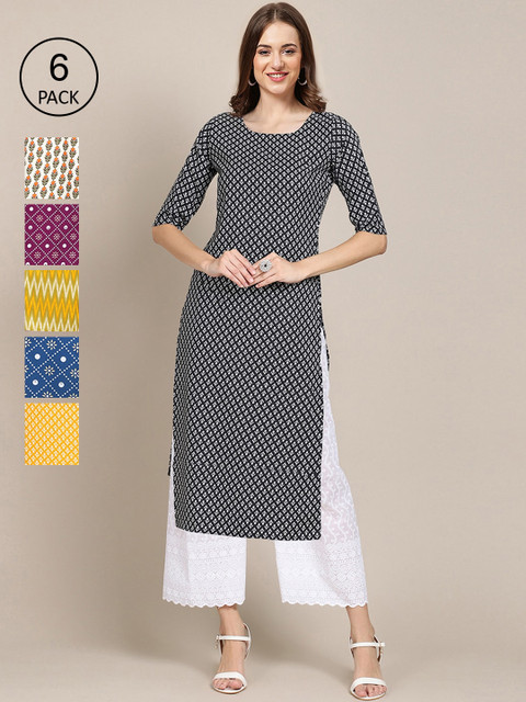 

KALINI Women Pack of 6 Printed Straight Crepe Kurta, Multi