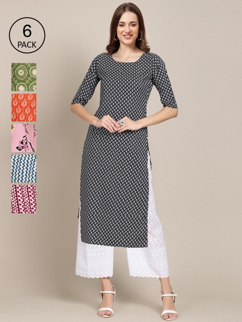 

KALINI Women Pack Of 6 Ethnic Motifs Printed Crepe Kurta, Black