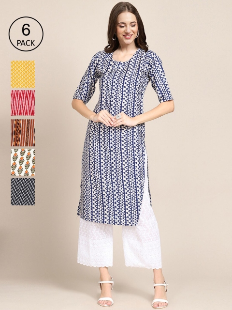 

KALINI Women Pack of 6 Printed Straight Crepe Kurta, Multi