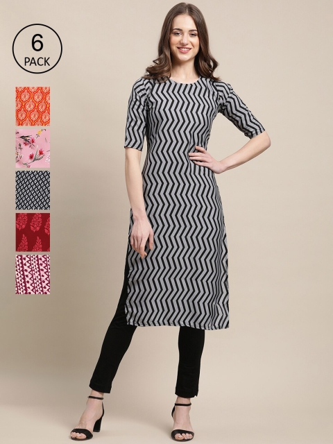 

KALINI Women Multicoloured Pack Of 6 Ethnic Motifs Printed Crepe Kurta, Multi