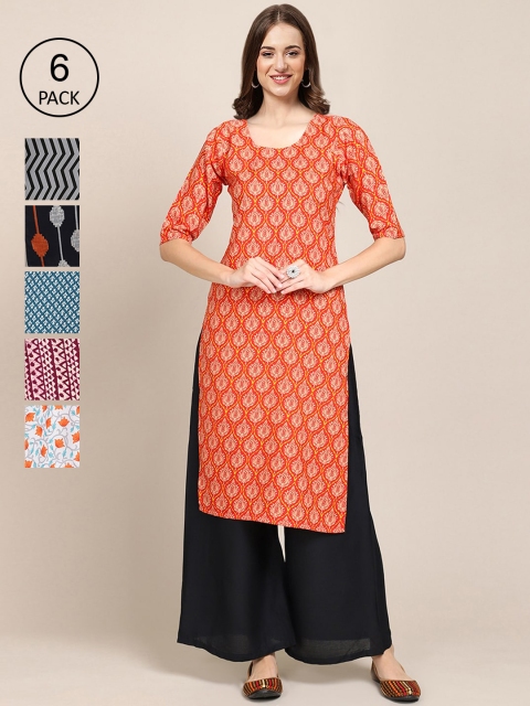 

KALINI Women Pack of 6 Printed Straight Crepe Kurta, Multi