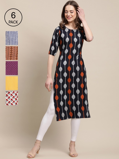 

KALINI Women Pack of 6 Printed Straight Crepe Kurta, Multi