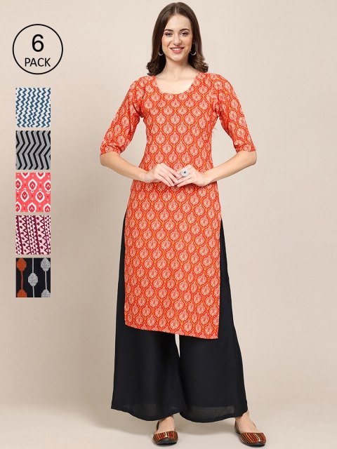 

KALINI PACK OF 6 Women Ethnic Motifs Printed Block Print Crepe Kurta, Orange