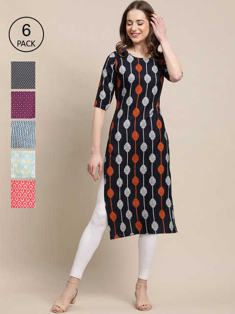 

KALINI Women Pack of 6 Digital Printed Straight Kurtas, Black