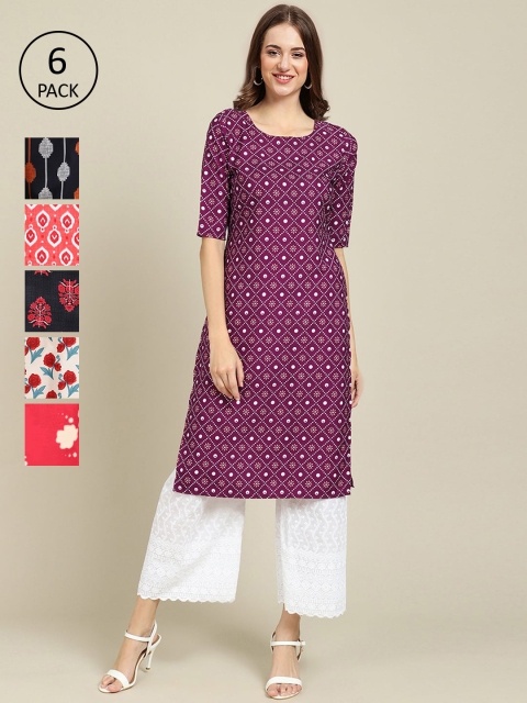 

KALINI PACK OF 6 Women Ethnic Motifs Printed Block Print Crepe Kurta, Purple