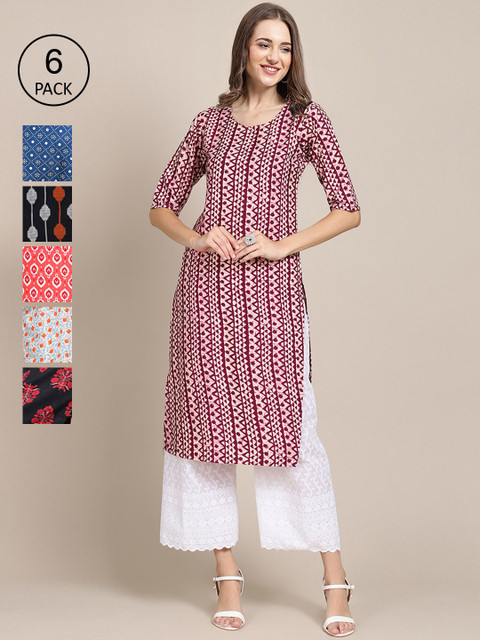 

KALINI Women Pack of 6 Digital Printed Crepe Straight Kurtas, Maroon
