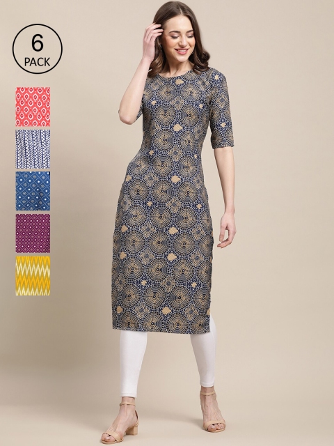 

KALINI PACK OF 6 Women Ethnic Motifs Printed Block Print Crepe Kurta, Blue