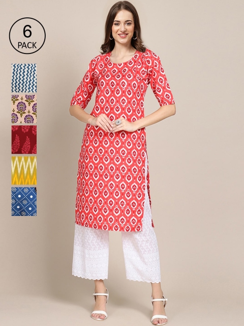 

KALINI PACK OF 6 Women Ethnic Motifs Printed Block Print Crepe Kurta, Coral