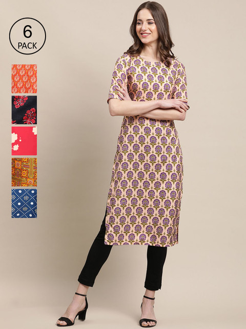 

KALINI PACK OF 6 Women Floral Printed Block Print Crepe Kurta, Peach