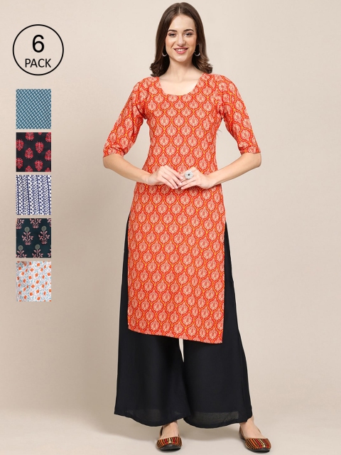 

KALINI Women Pack Of 6 Ethnic Motifs Printed Crepe Kurta, Orange