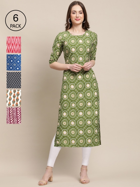 

KALINI Women Pack Of 6 Ethnic Motifs Printed Crepe Kurta, Olive
