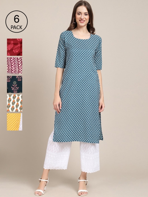 

KALINI Women Pack Of 6 Ethnic Motifs Printed Crepe Kurta, Blue