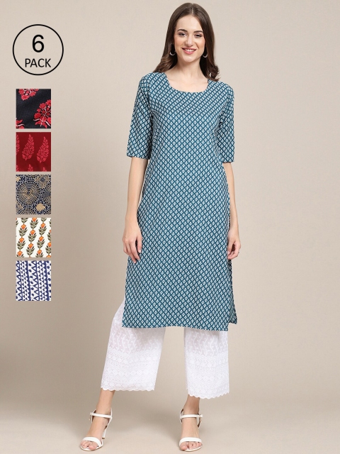 

KALINI Pack Of 6 Women Printed Straight Crepe Kurta, Navy blue
