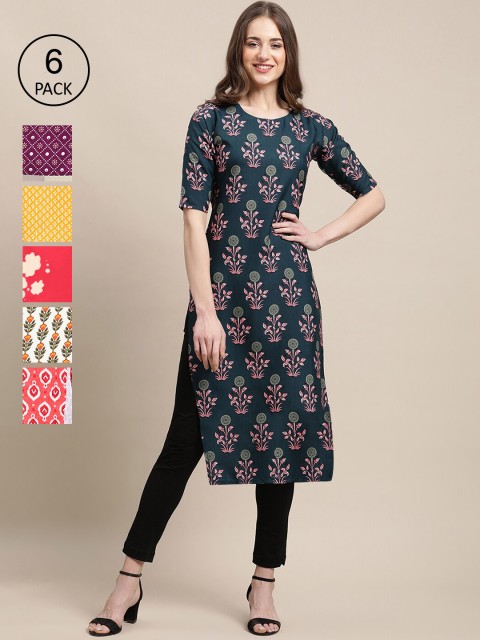 

KALINI Women Pack Of 6 Ethnic Motifs Printed Crepe Kurta, Yellow