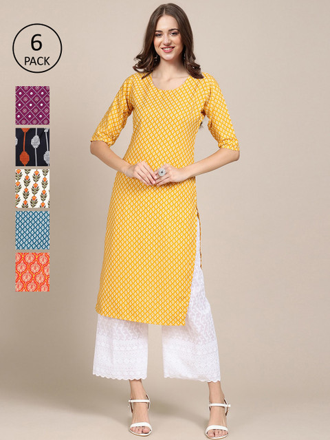 

KALINI Women Pack Of 6 Ethnic Motifs Printed Crepe Kurta, Yellow