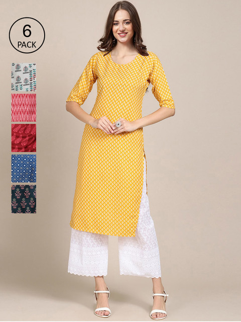 

KALINI Women Pack Of 6 Ethnic Motifs Printed Crepe Kurta, Yellow