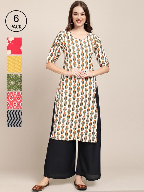 

KALINI Women Pack Of 6 Ethnic Motifs Printed Crepe Kurta, Cream