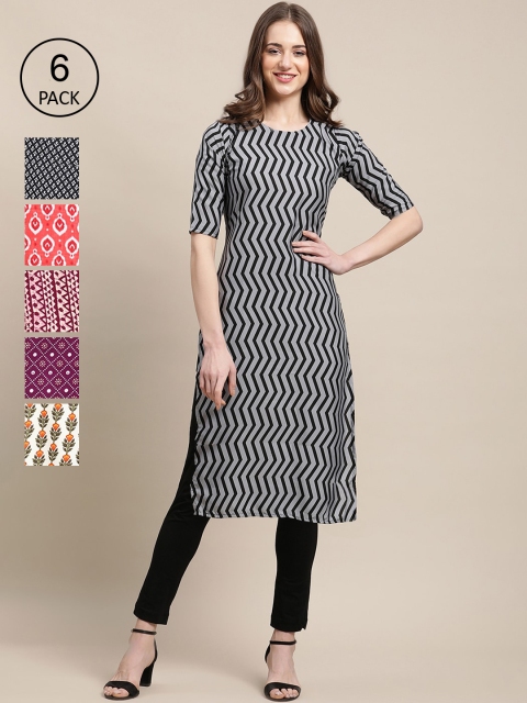 

KALINI Women Pack Of 6 Ethnic Motifs Printed Crepe Kurta, Black