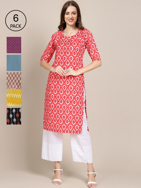 

KALINI Women Pink & Yellow Geometric Printed Block Print Crepe Kurta