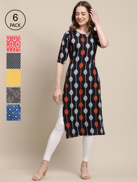 

KALINI Women Pack Of 6 Ethnic Motifs Printed Crepe Kurta, Black