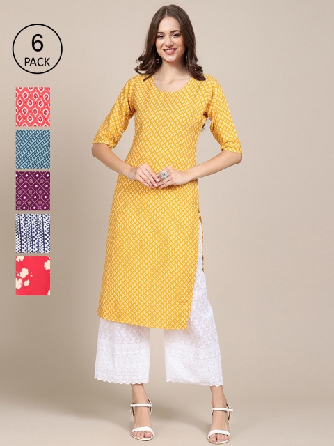 

KALINI Pack Of 6 Women Printed Crepe Kurta, Yellow