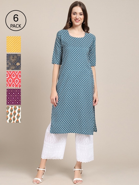 

KALINI Women Multicoloured Pack Of 6 Ethnic Motifs Printed Crepe Kurta, Multi