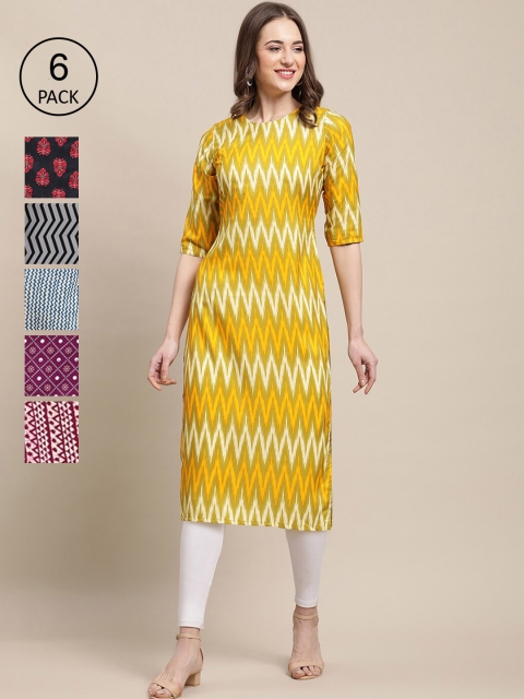 

KALINI Women Multicoloured Pack Of 6 Ethnic Motifs Printed Crepe Kurta, Multi