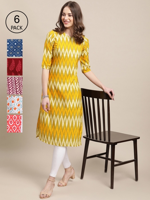 

KALINI Pack Of 6 Women Printed Straight Crepe Kurta, Yellow