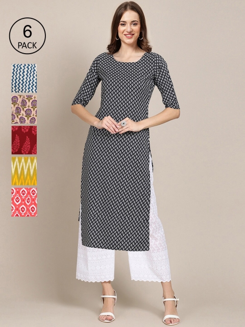 

KALINI Women Multicoloured Pack Of 6 Ethnic Motifs Printed Crepe Kurta, Multi