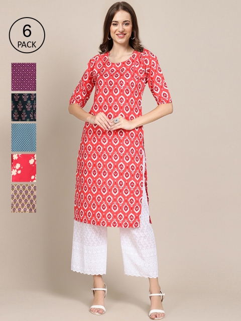 

KALINI Women Multicoloured Pack Of 6 Ethnic Motifs Printed Crepe Kurta, Multi