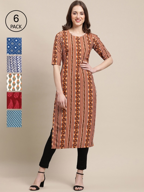 

KALINI Women Multicoloured Pack Of 6 Ethnic Motifs Printed Crepe Kurta, Multi