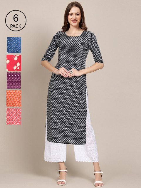 

KALINI Women Multicoloured Pack Of 6 Ethnic Motifs Printed Crepe Kurta, Multi
