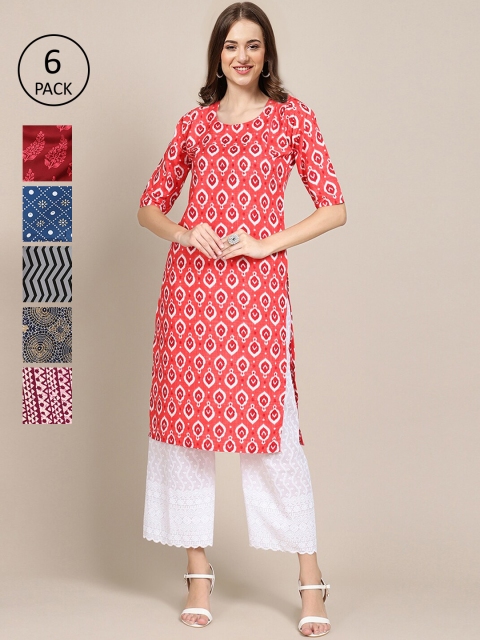 

KALINI Women Multicoloured Pack Of 6 Ethnic Motifs Printed Crepe Kurta, Multi