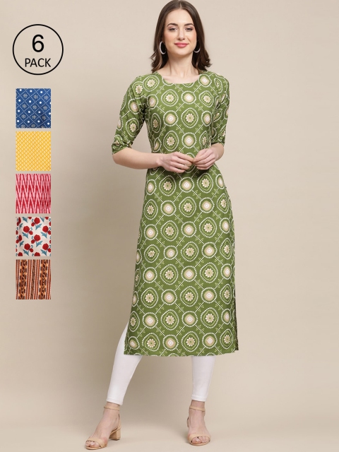 

KALINI Women Multicoloured Pack Of 6 Ethnic Motifs Printed Crepe Kurta, Multi