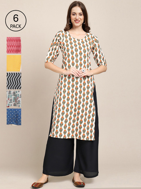 

KALINI Women Multicoloured Pack Of 6 Ethnic Motifs Printed Crepe Kurta, Multi