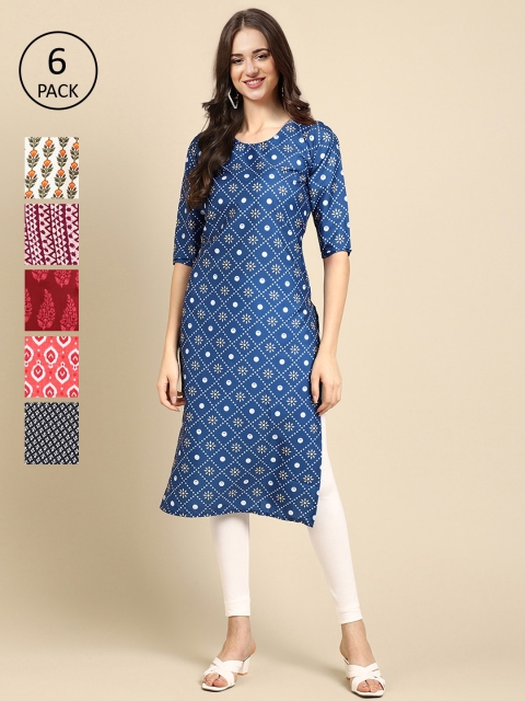 

KALINI Women Multicoloured Pack Of 6 Ethnic Motifs Printed Crepe Kurta, Multi