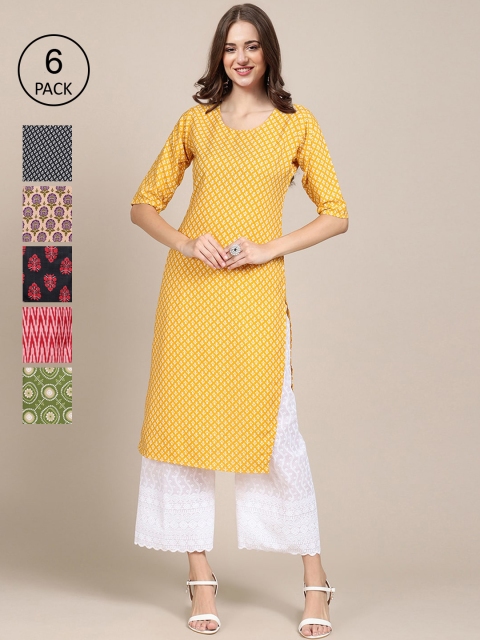 

KALINI Women Multicoloured Pack Of 6 Ethnic Motifs Printed Crepe Kurta, Multi