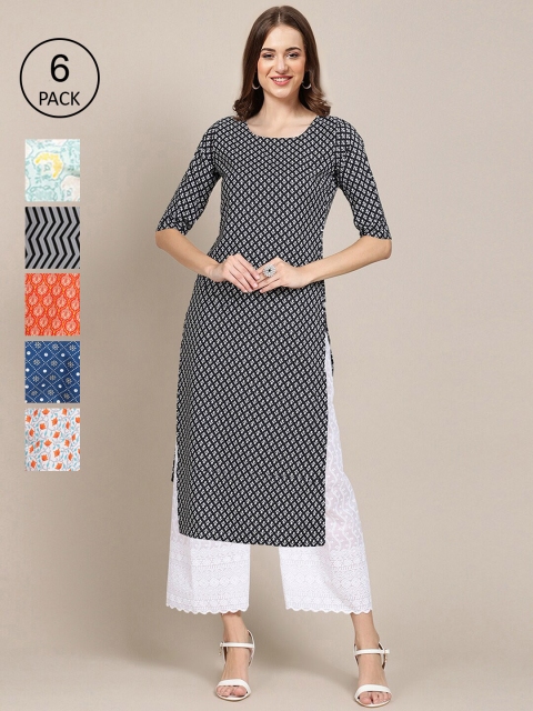 

KALINI Women Pack Of 6 Black & Orange Geometric Printed Crepe Kurta