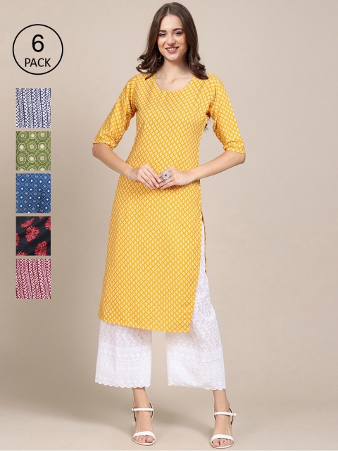 

KALINI Women Set Of 6 Yellow & Blue Floral Printed Crepe Kurta