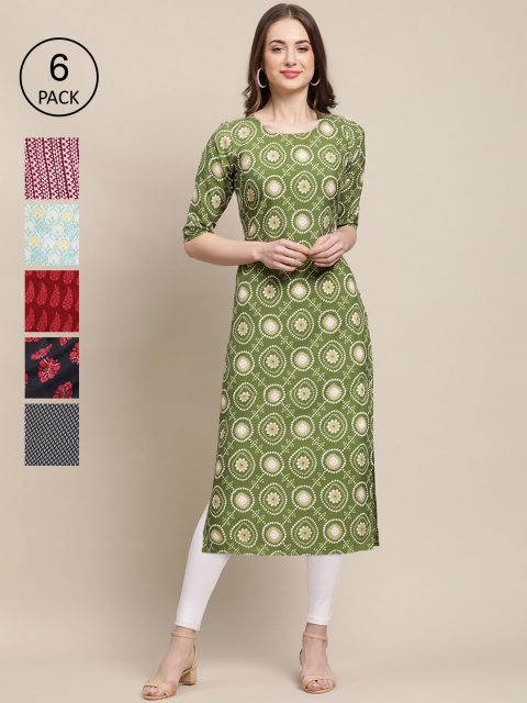 

KALINI Women Set Of 6 Green & Red Paisley Printed Crepe Kurta