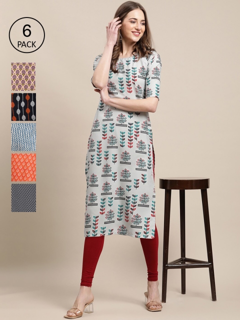 

KALINI Women Set Of 6 Grey & Orange Ethnic Motifs Printed Crepe Kurta