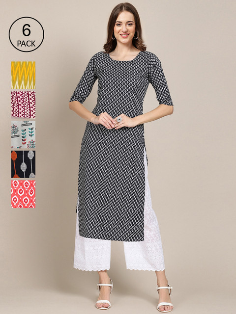 

KALINI Women Set Of 6 Black & Grey Floral Printed Crepe Kurta