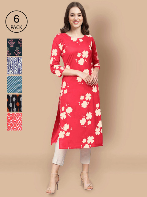 

KALINI Women Pack of 6 Red & Black Geometric Printed Crepe Kurta