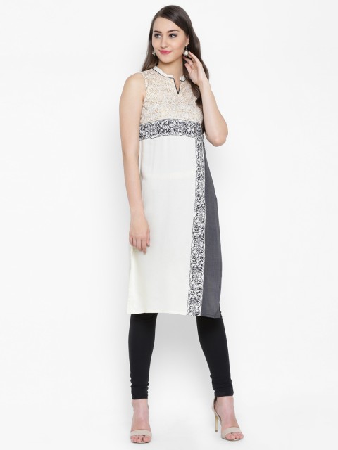 

AURELIA Women Cream-Coloured & Grey Printed Straight Kurta