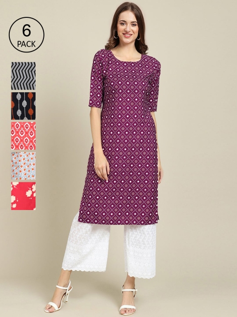 

KALINI Women Set Of 6 Violet & Peach-Coloured Floral Printed Crepe Kurta