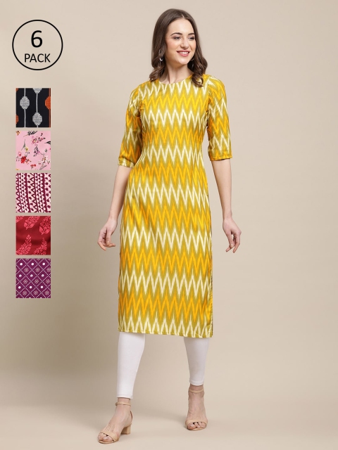

KALINI Women Set Of 6 Yellow & Red Paisley Printed Crepe Kurta