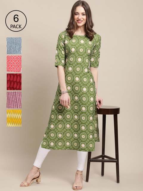 

KALINI Women Set Of 6 Grey & Yellow Ethnic Motifs Printed Crepe Kurta