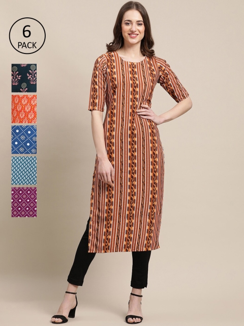 

KALINI Women Set Of 6 Orange & Violet Floral Printed Crepe Kurta